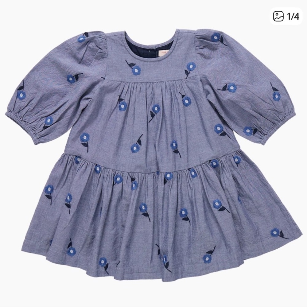 Pink Chicken Girls Fiona Dress - Blue Blossom Embroidery